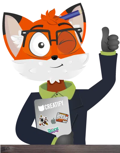 dego mascota creatify sujetando ipad con stickers y haciendo un guiño